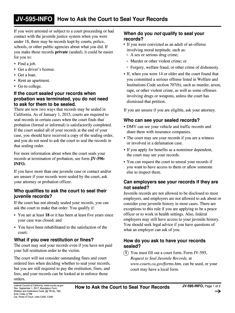 JV-595-INFO How to Ask the Court to Seal Your ... - California Courts Preview on Page 1