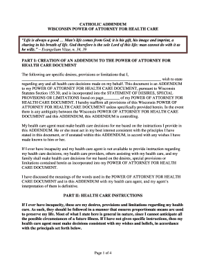 Catholic Addendum to Wisconsin Power of Attorney for Health Care