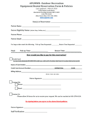 APGMWR Outdoor Recreation Equipment Rental Reservation Form
