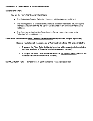 Final Order in Garnishment to Financial Institution Use this form ...