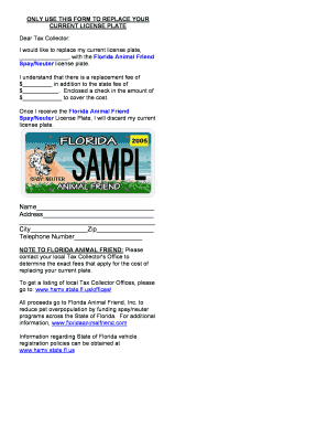 Florida Animal Friend License Plate Replacement Form