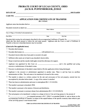 Ohio Application for Certificate of Transfer