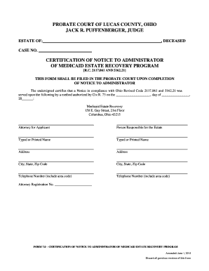 Certification of Notice to Administrator of Medicaid Estate Recovery Program