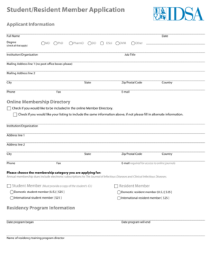Infectious Diseases Society of America Student/Resident Member Application