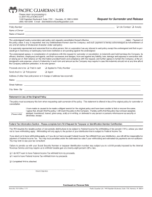 Pacific Guardian Life Policy Surrender and Release Form