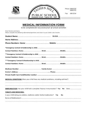 Medical Information Form for Excursions