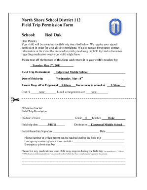 North Shore School District 112 Field Trip Permission Form