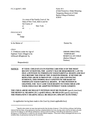 New York Child Protective Order Directing Temporary Removal