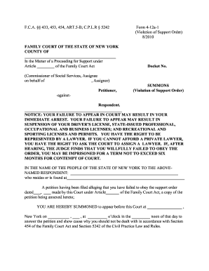 New York Violation of Support Order Summons