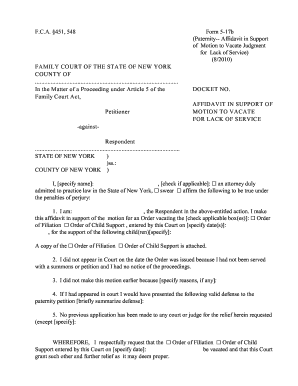 New York Paternity Affidavit in Support of Motion to Vacate Judgment