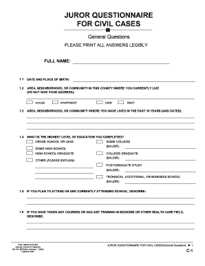 Juror Questionnaire for Civil Cases