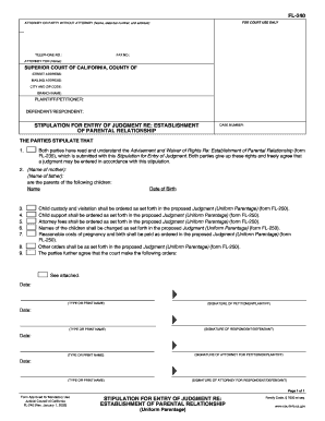 Stipulation for Entry of Judgment Re: Establishment of Parental Relationship