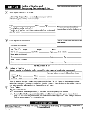 California Notice of Hearing and Temporary Restraining Order