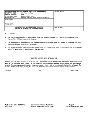 Confirmation Notice of Registration of Out of State Child Custody Order