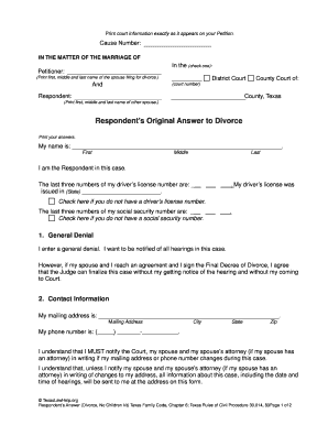 Respondent’s Answer to Divorce