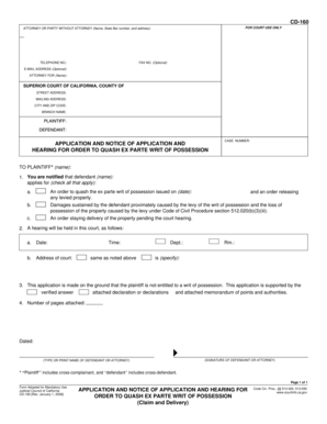 Application and Notice of Application and Hearing for Order to Quash Ex Parte Writ of Possession