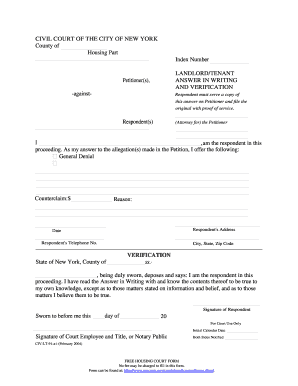 New York Landlord Tenant Answer Form