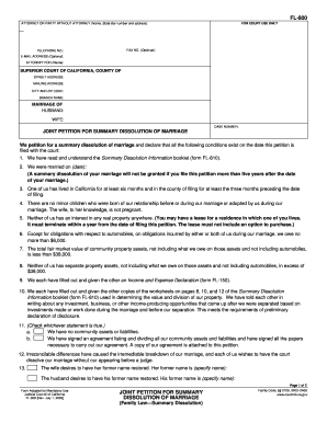 California Joint Petition for Summary Dissolution of Marriage