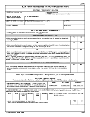 US Military Combat-Related Special Compensation Claim Form