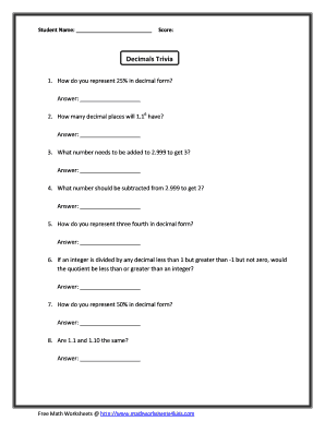 Decimals Trivia Worksheet
