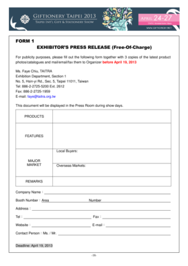 FORM 1 EXHIBITOR'S PRESS RELEASE (Free-Of-Charge)