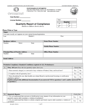 California Quarterly Report of Compliance for Optometrists