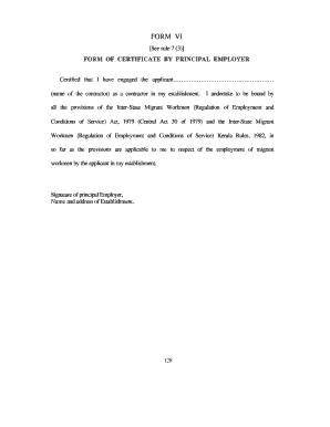 Principal Employer Certificate Form VI