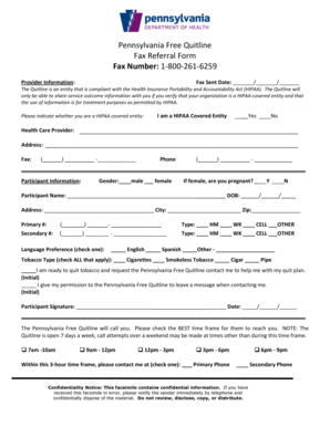 Pennsylvania Free Quitline Fax Referral Form