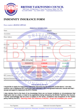 British Taekwondo Council Indemnity Insurance Form