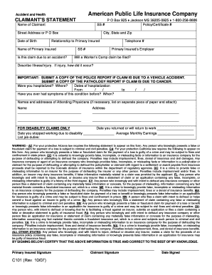 Accident and Health Claimant Statement Form