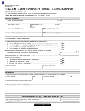 Michigan Homeowner's Principal Residence Exemption Rescission Form