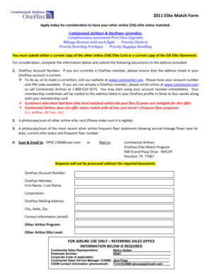 Continental Airlines Elite Status Match Form