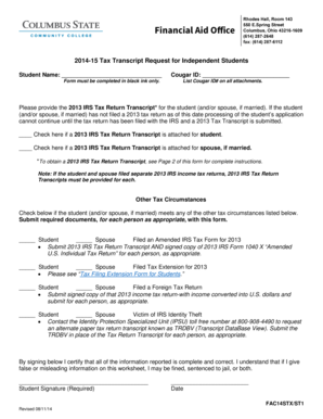 2014-15 Tax Transcript Request for Independent Students