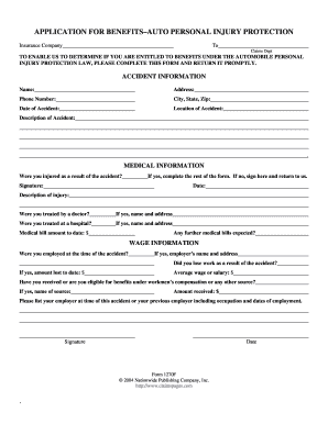 Auto Personal Injury Protection Benefits Application