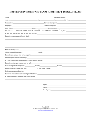 Insured’s Statement and Claim Form (Theft-Burglary Loss)