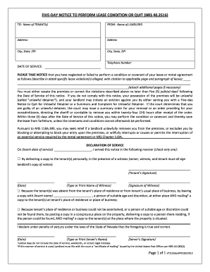 Five-Day Notice to Perform Lease Condition or Quit (NRS 40.2516)