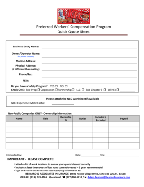 Workers' Compensation Quick Quote Sheet