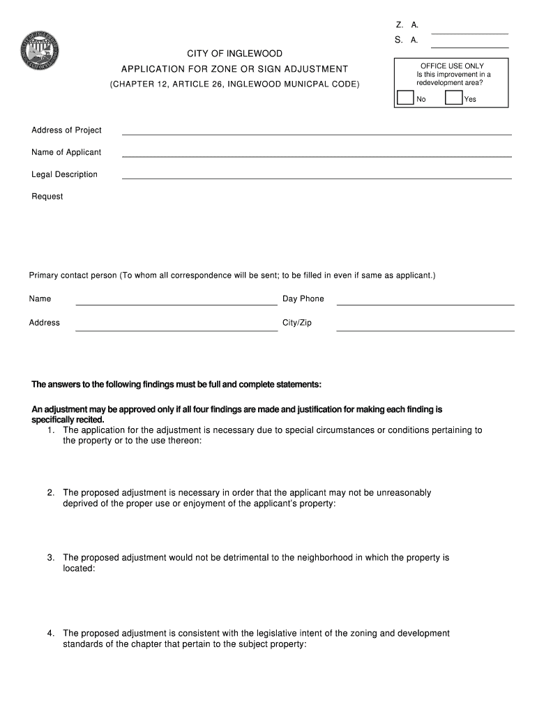 Fillable Online cityofinglewood Application for Zone Adjustment City of Inglewood Fax Email