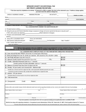 Spencer County Occupational Tax Net Profit License Fee Return