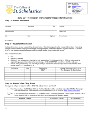 2013-2014 Verification Worksheet for Independent Students