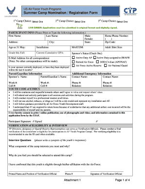 US Air Force Youth Programs Summer Camp Registration Form