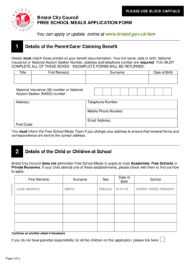 Bristol Free School Meals Application Form