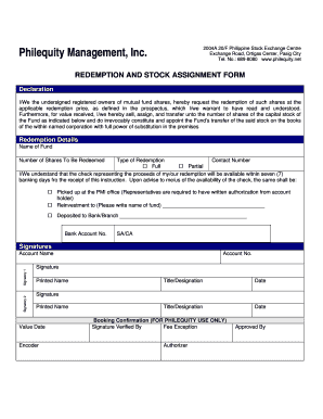 Philequity Redemption and Stock Assignment Form