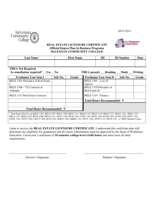 REAL ESTATE LICENSURE CERTIFICATE Official Degree Plan In - mclennan