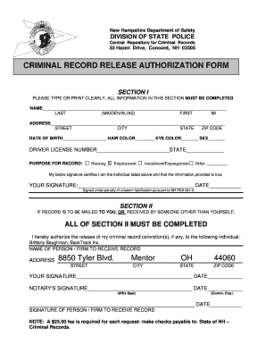 New Hampshire Criminal Record Release Authorization Form