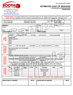 New Jersey Moving Services Estimate