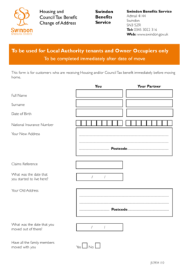 Swindon Housing and Council Tax Benefit Change of Address Form