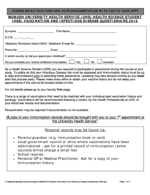 Monash University Health Science Student Vaccination Form