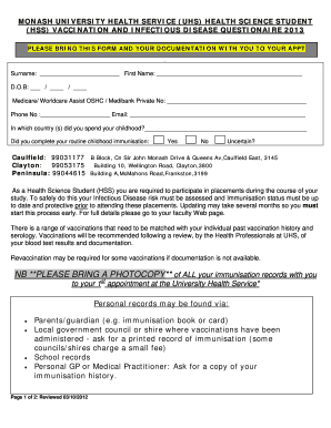 Monash University Health Science Student Vaccination Questionnaire