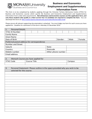 Business and Economics Employment and Supplementary Information Form